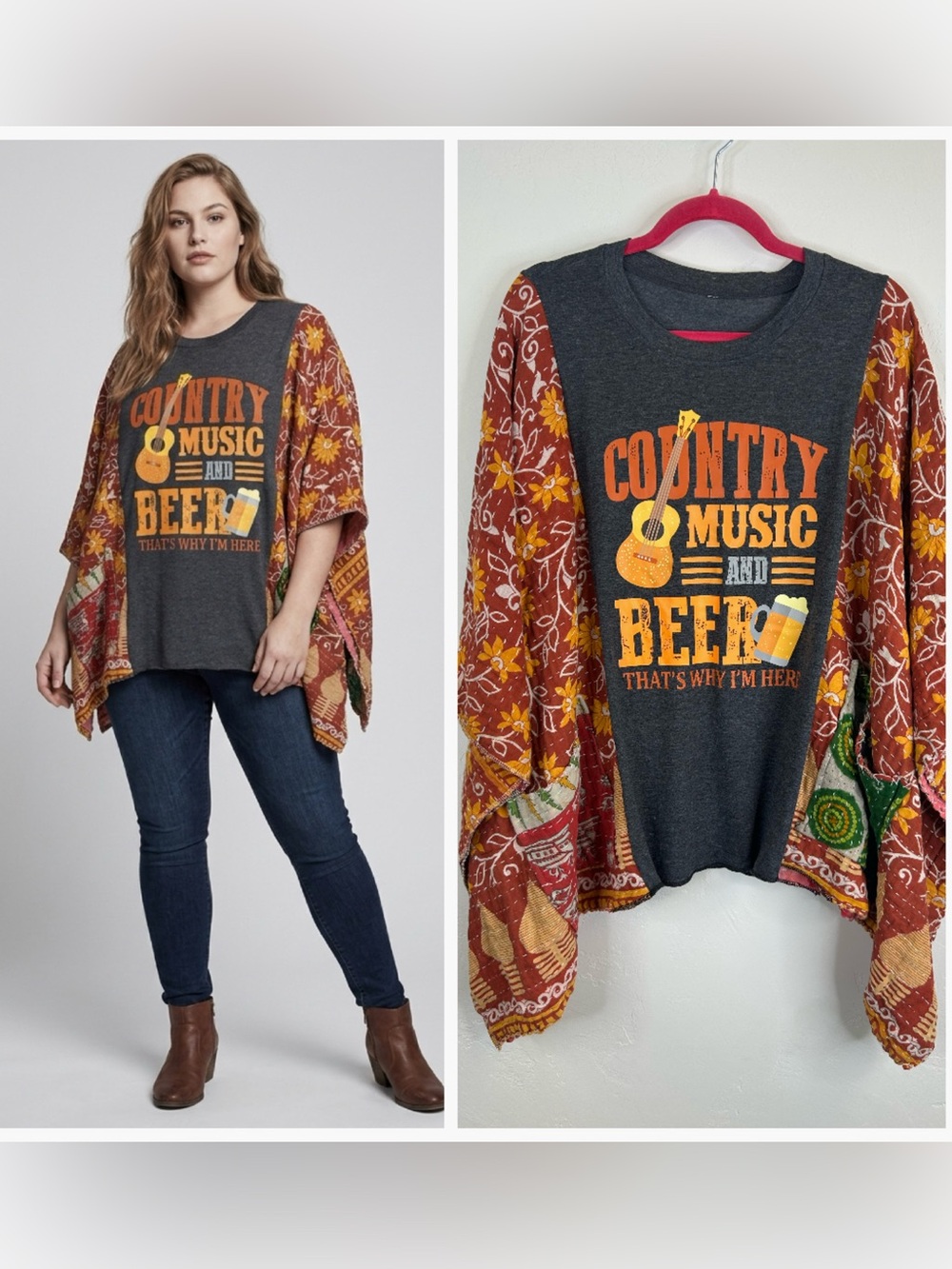 Country Music Beer Kantha Poncho 3/4 Sleeve Pockets Festival Boho Camping Party